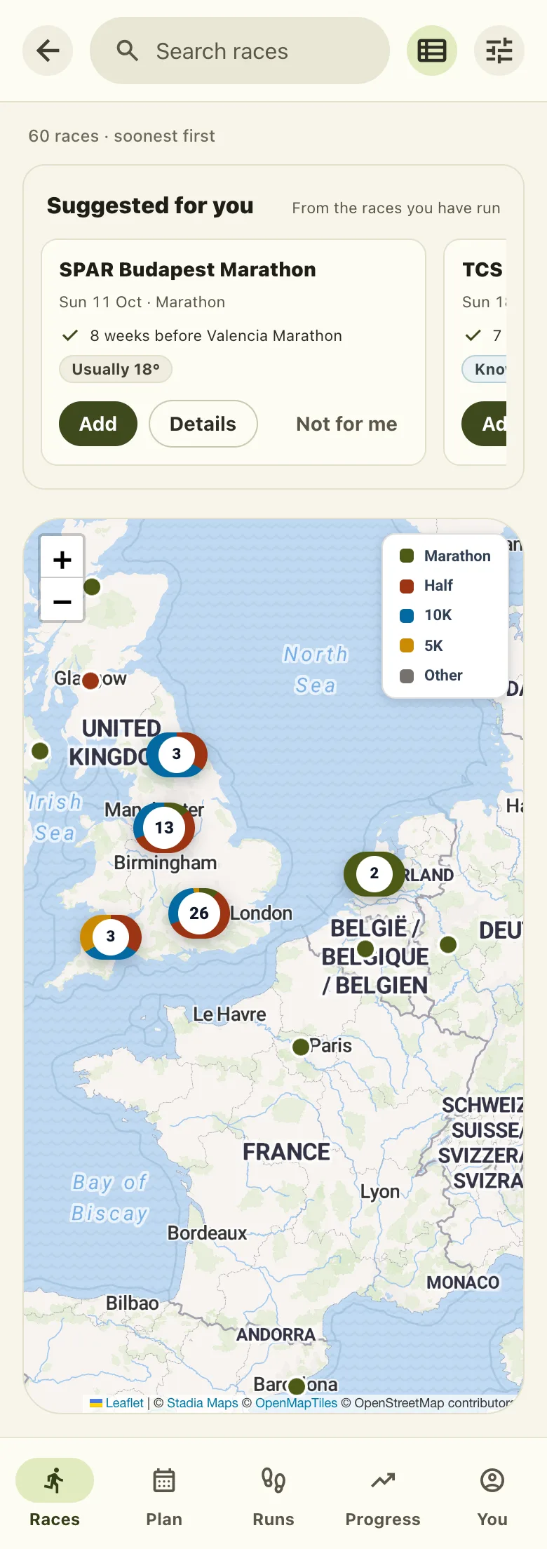 Find a race: upcoming races on a map of the UK and Europe, with filters for distance and date
