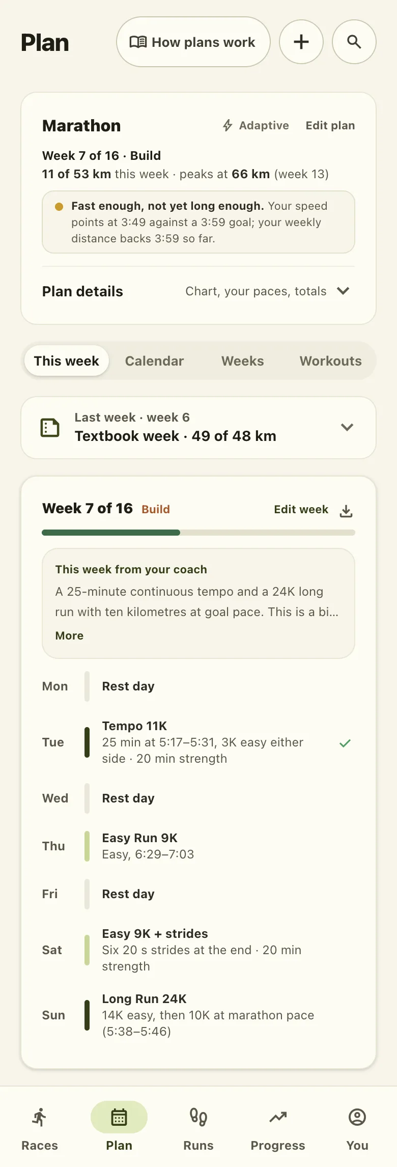 The Plan tab: week 7 of a 16-week marathon plan, last week's 49 of 48 km done, and a verdict on the goal in words