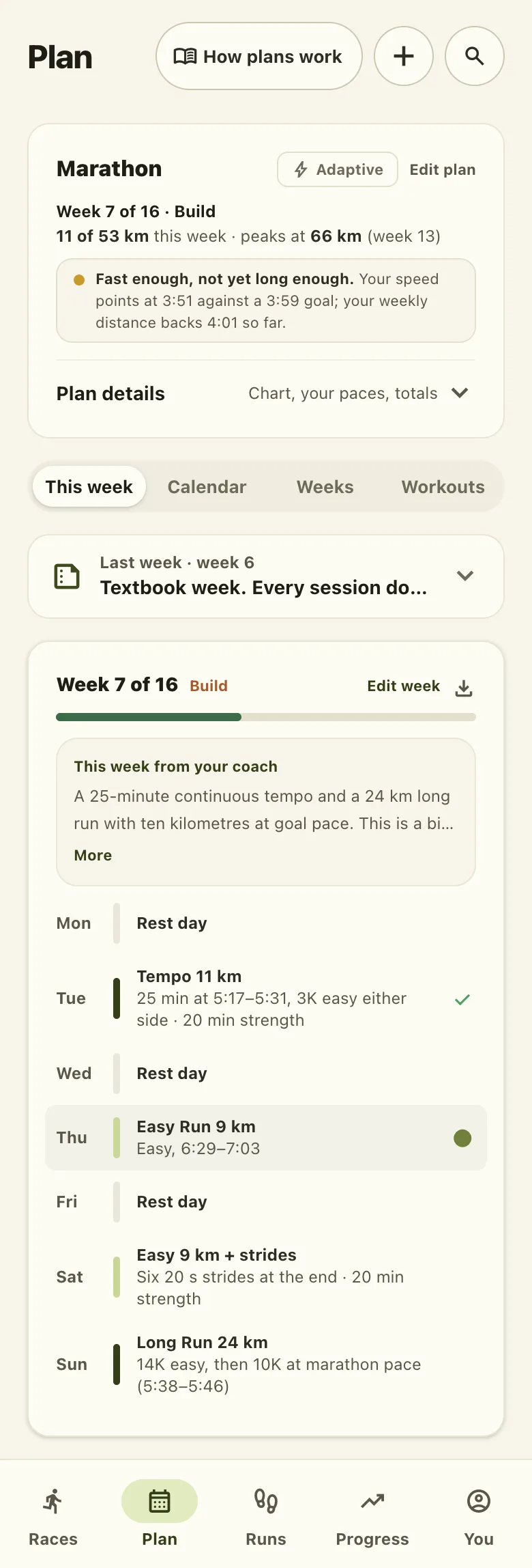 The Plan tab: week 7 of a 16-week marathon plan, last week's 49 of 48 km done, and a verdict on the goal in words
