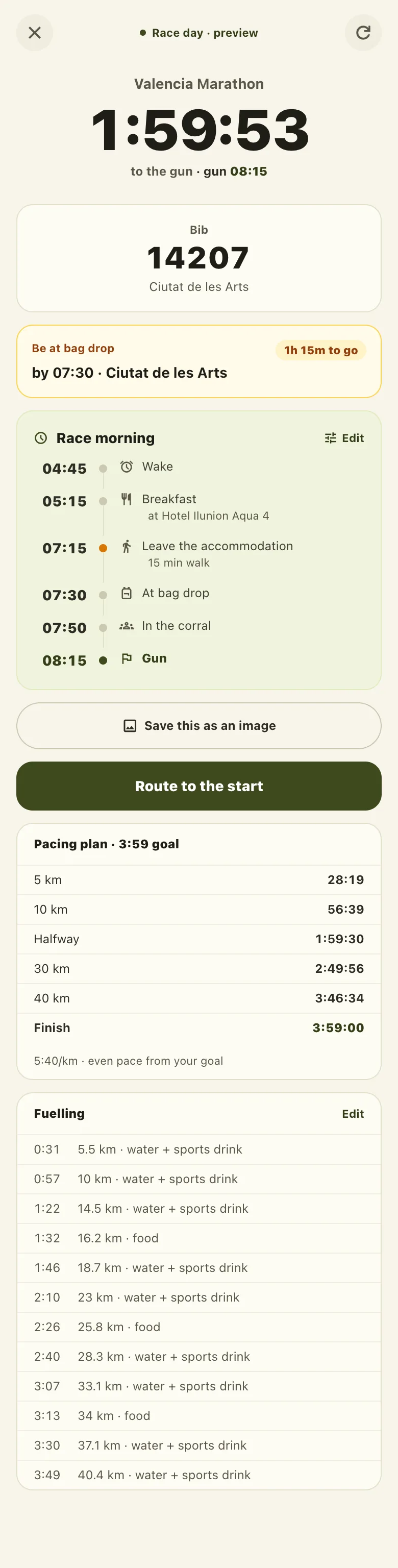 Race Day mode: the countdown to the start, the bib and wave, when to be at the start, the race-morning timeline and the pacing plan