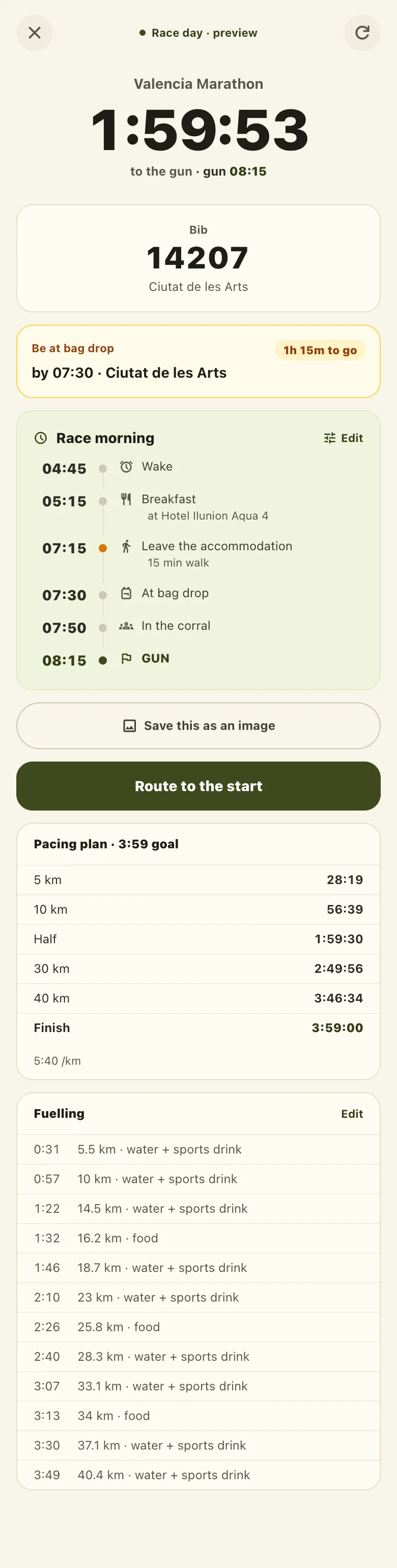 Race Day mode: the countdown to the start, the bib and wave, when to be at the start, the race-morning timeline and the pacing plan