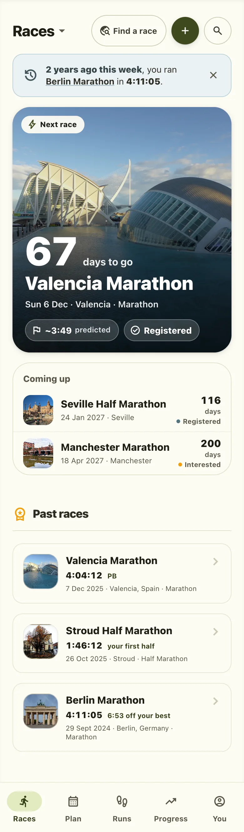 The Races tab, with Valencia Marathon as the next race, its predicted finish, and the races after it