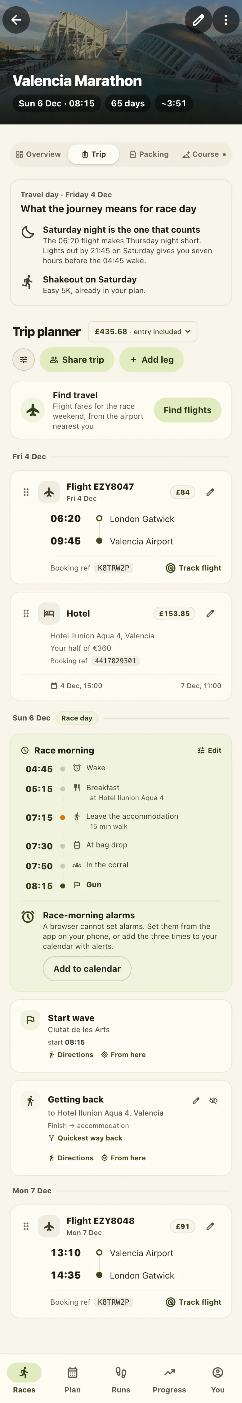 The Trip tab for Valencia: the travel-day check, then the flights and the hotel, each with its cost, and the hotel split between two