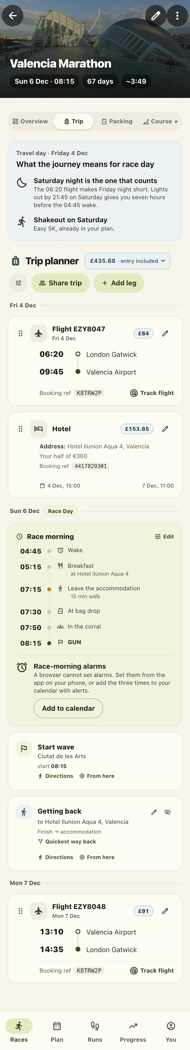 The Trip tab for Valencia: the travel-day check, then the flights and the hotel, each with its cost, and the hotel split between two